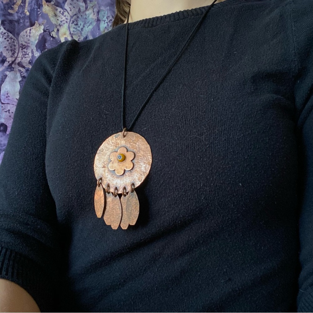 Boho Large Copper Medallion Flower Pendant Necklace on Black Cord